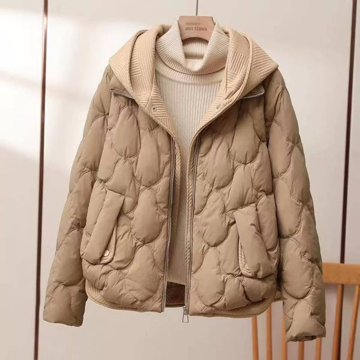 Curved Hem Quilted Jacket With Textured Hood – Beige
