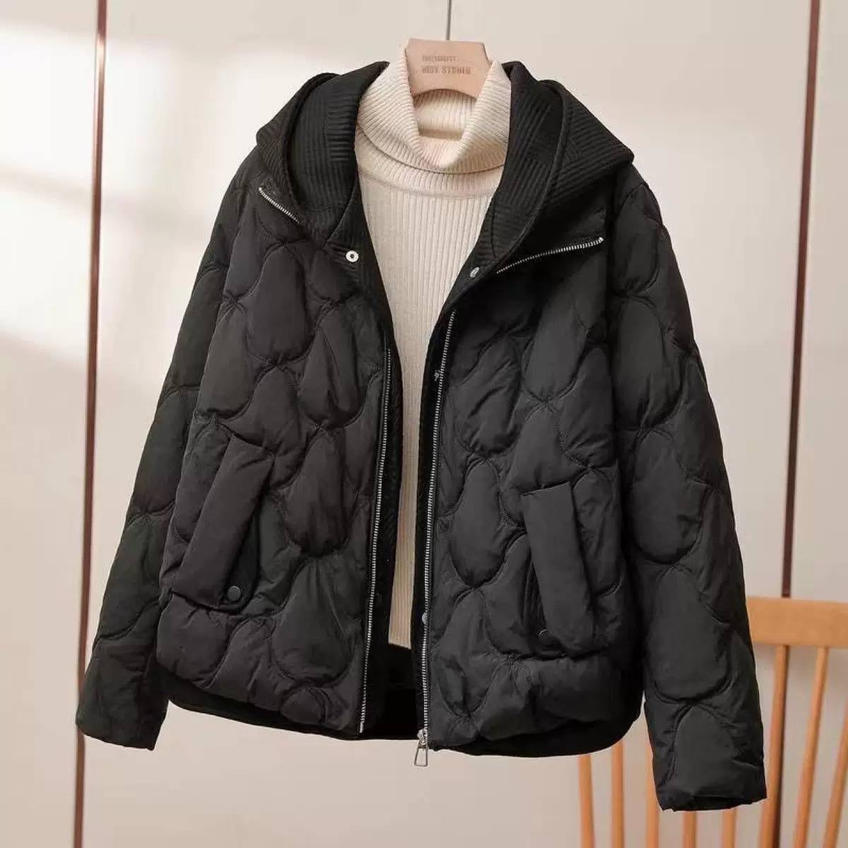 Curved Hem Quilted Jacket With Textured Hood – Black