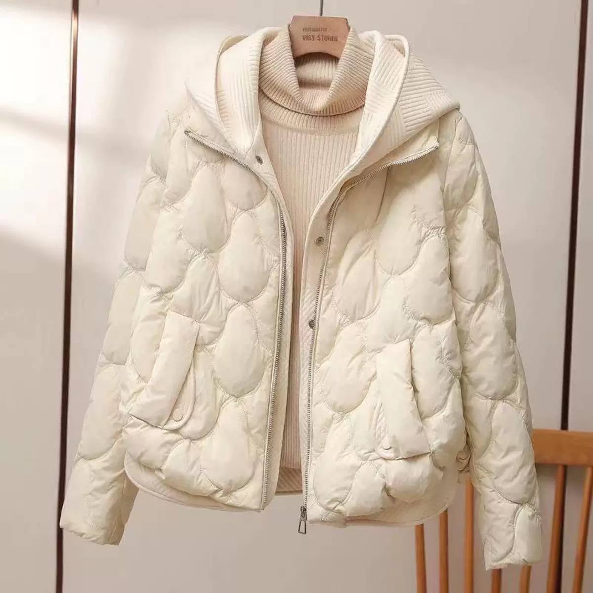 Curved Hem Quilted Jacket With Textured Hood – Cream