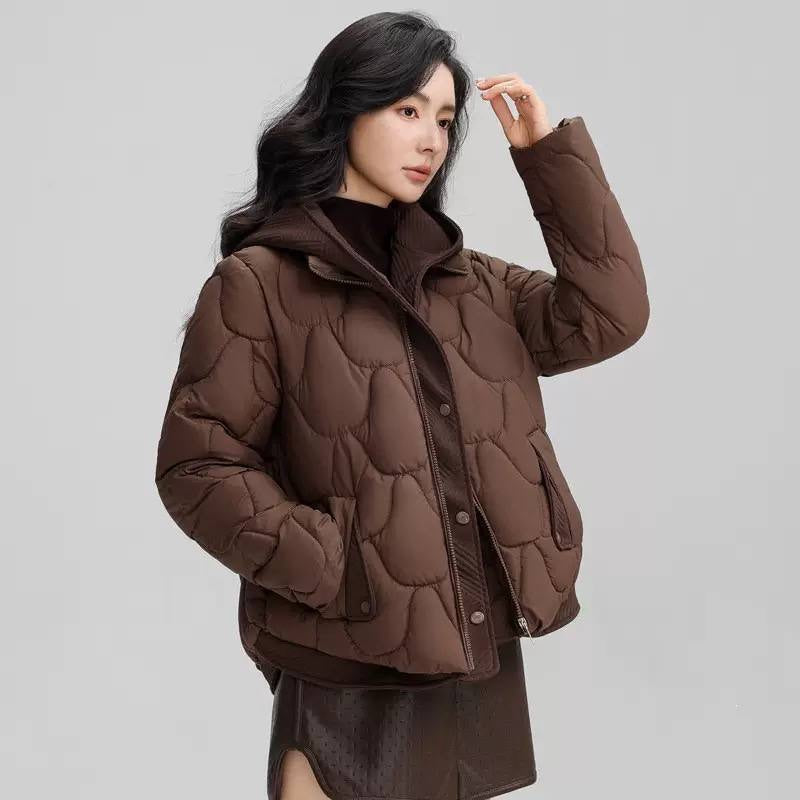 Curved Hem Quilted Jacket With Textured Hood – Brown
