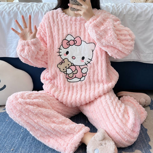 Cat Graphic Pajama Set With Plush Textured Finish – Light Pink