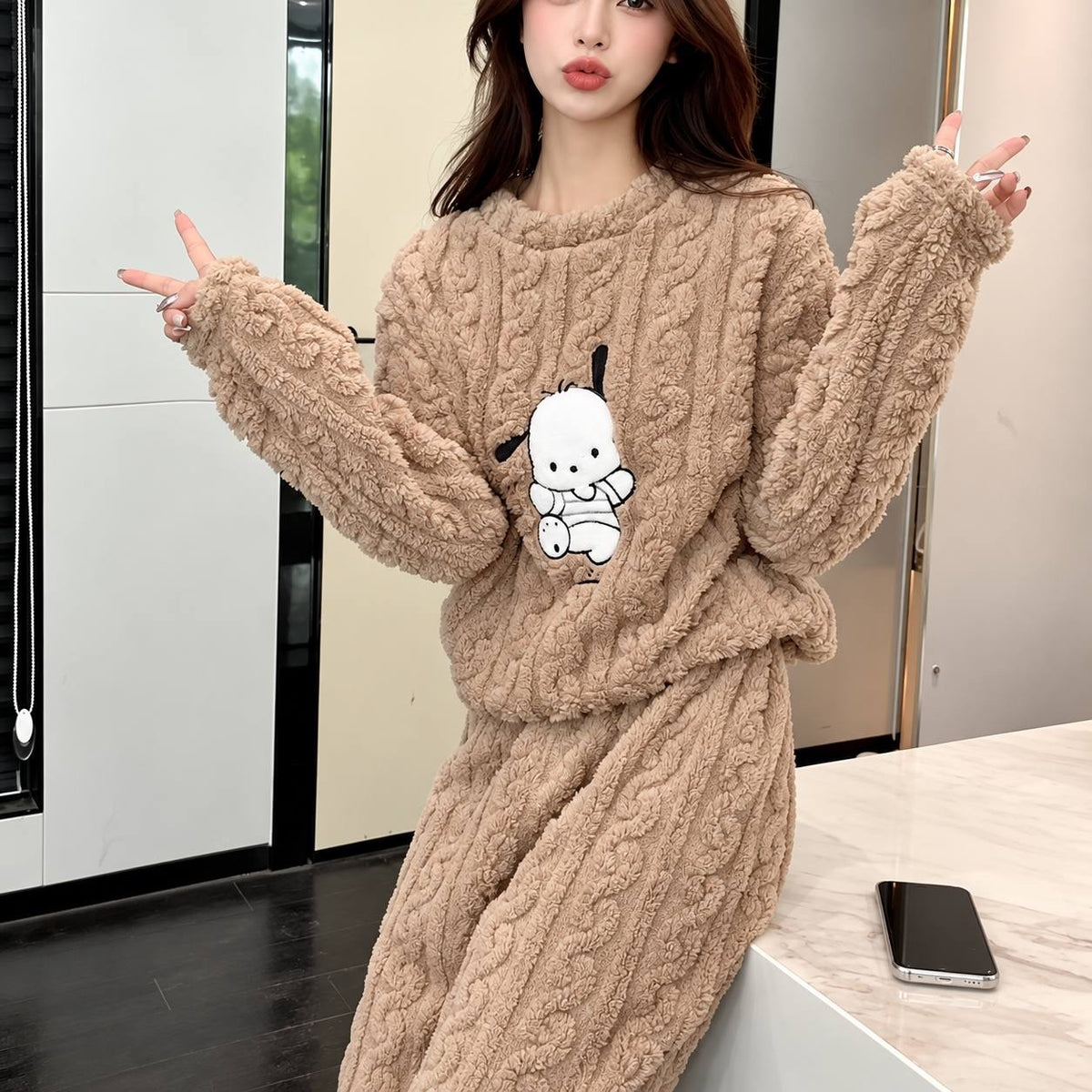 Dog Motif Pajama Set With Raised Texture – Beige