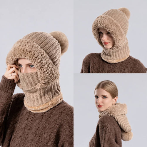 Fluffy-Trim Knit Hood With Extended Neck Coverage – Beige