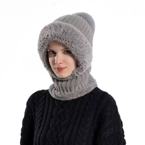 Fluffy-Trim Knit Hood With Extended Neck Coverage – Grey