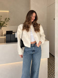 Snap-Front Bomber Jacket With Ribbed Collar And Cuffs – Cream