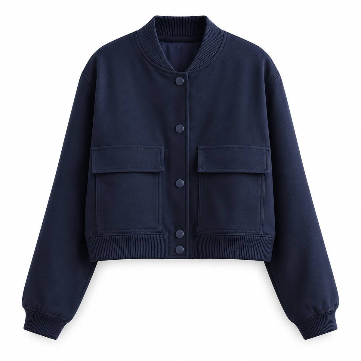 Snap-Front Bomber Jacket With Ribbed Collar And Cuffs – Navy