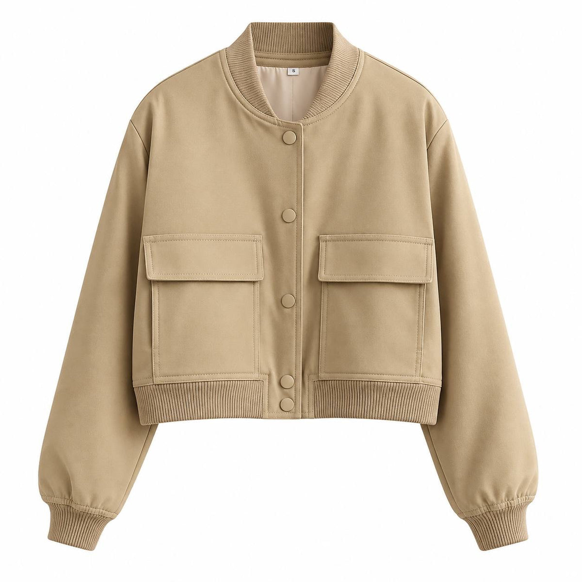 Snap-Front Bomber Jacket With Ribbed Collar And Cuffs – Beige