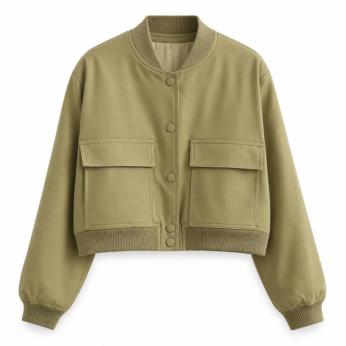 Snap-Front Bomber Jacket With Ribbed Collar And Cuffs – Olive
