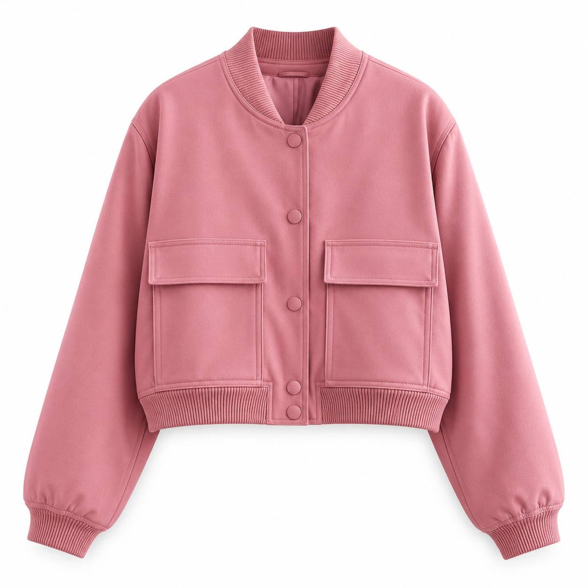 Snap-Front Bomber Jacket With Ribbed Collar And Cuffs – Pink