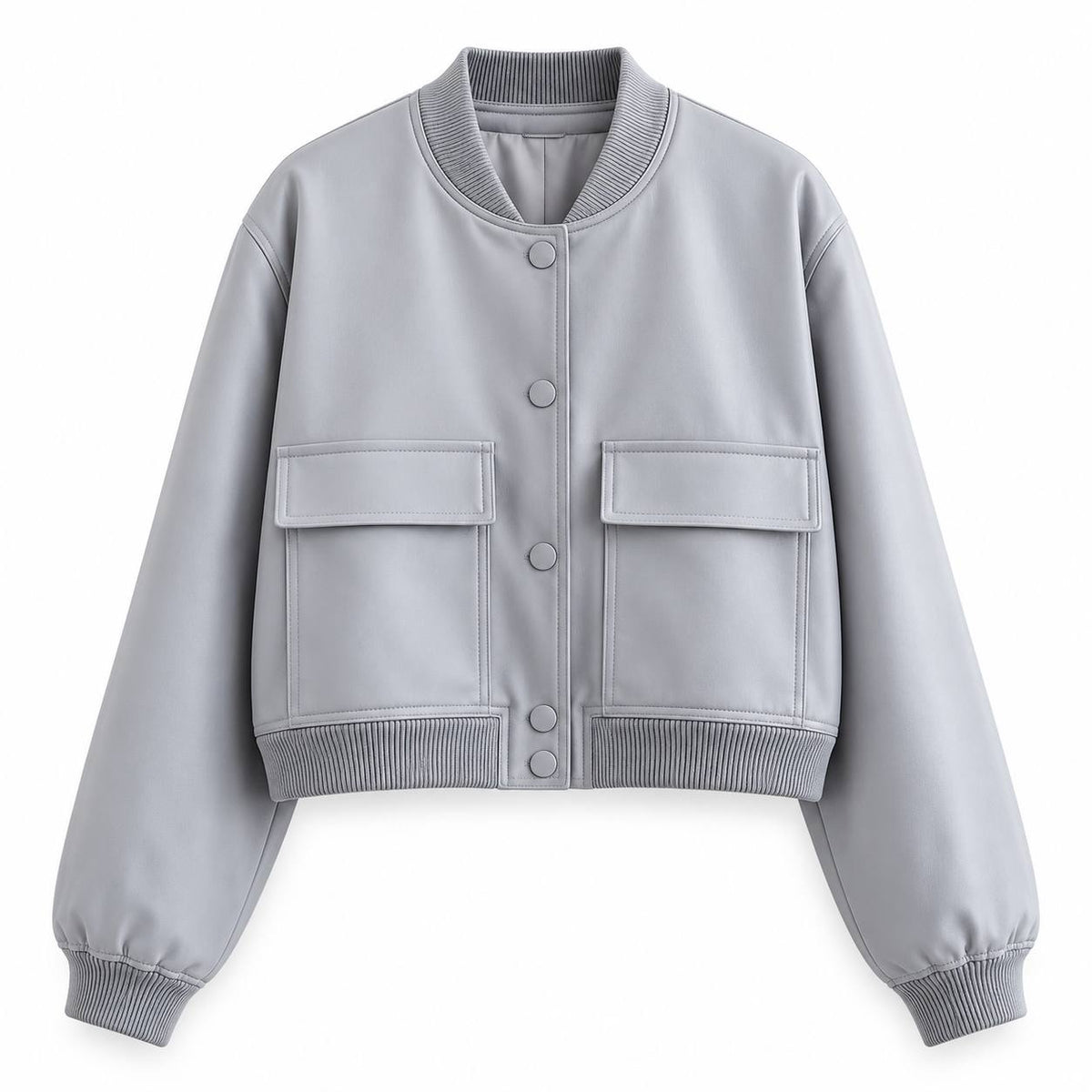 Snap-Front Bomber Jacket With Ribbed Collar And Cuffs – Light Grey