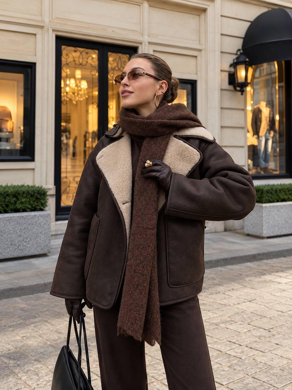 Textured Lapel Jacket With Dropped Shoulders And Pockets – Brown