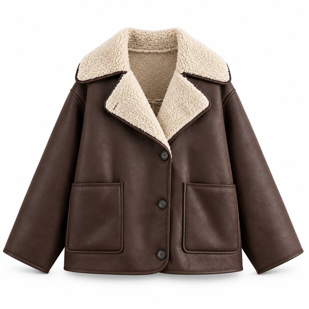 Textured Lapel Jacket With Dropped Shoulders And Pockets – Brown