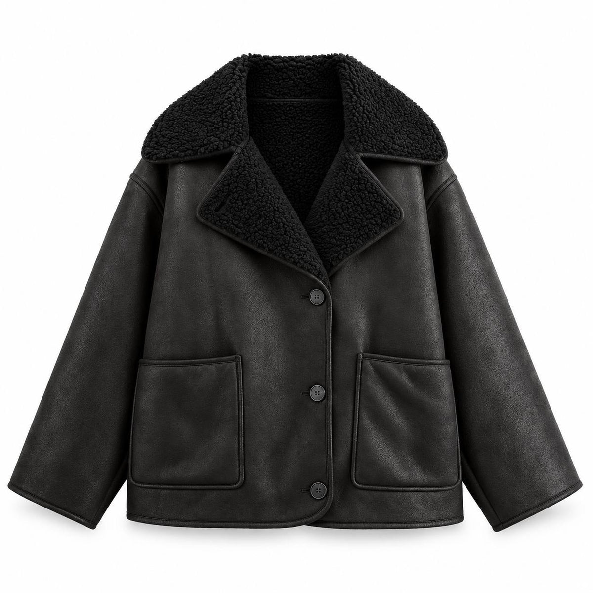 Textured Lapel Jacket With Dropped Shoulders And Pockets – Black