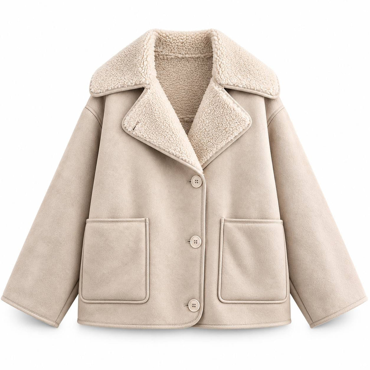 Textured Lapel Jacket With Dropped Shoulders And Pockets – Beige