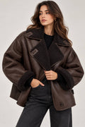 Relaxed Jacket With Offset Buttons And Textured Collar – Dark Brown