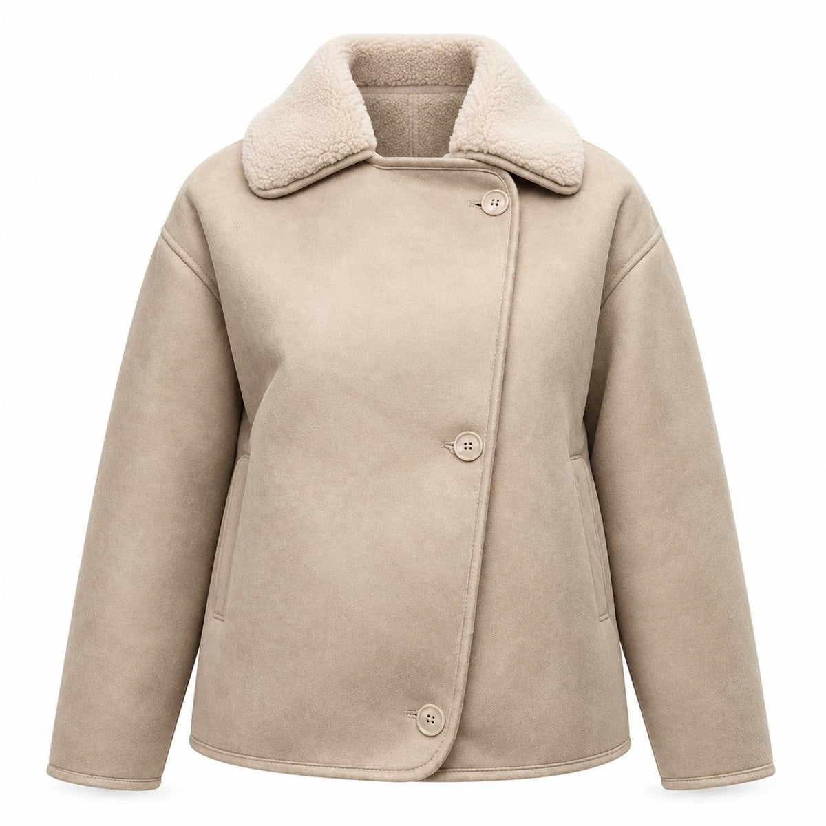 Relaxed Jacket With Offset Buttons And Textured Collar – Beige