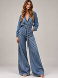 Belted Wide-Leg Jumpsuit With Cuffed Sleeves And Pockets – Blue