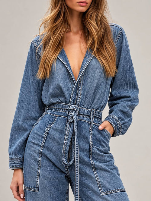 Belted Wide-Leg Jumpsuit With Cuffed Sleeves And Pockets – Blue