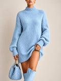 High Neck Sweater Dress With Full Long Sleeves – Light Blue