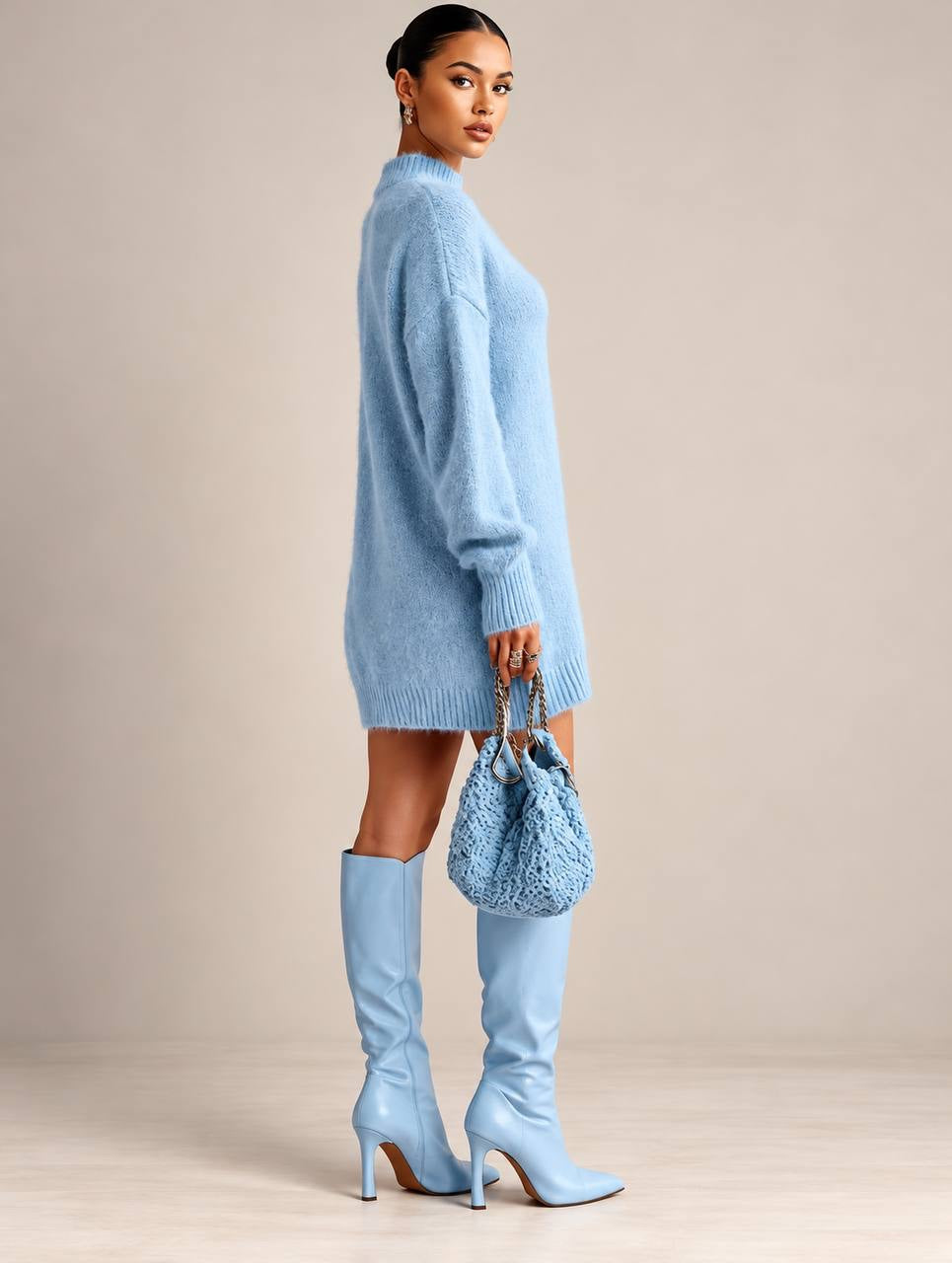 High Neck Sweater Dress With Full Long Sleeves – Light Blue
