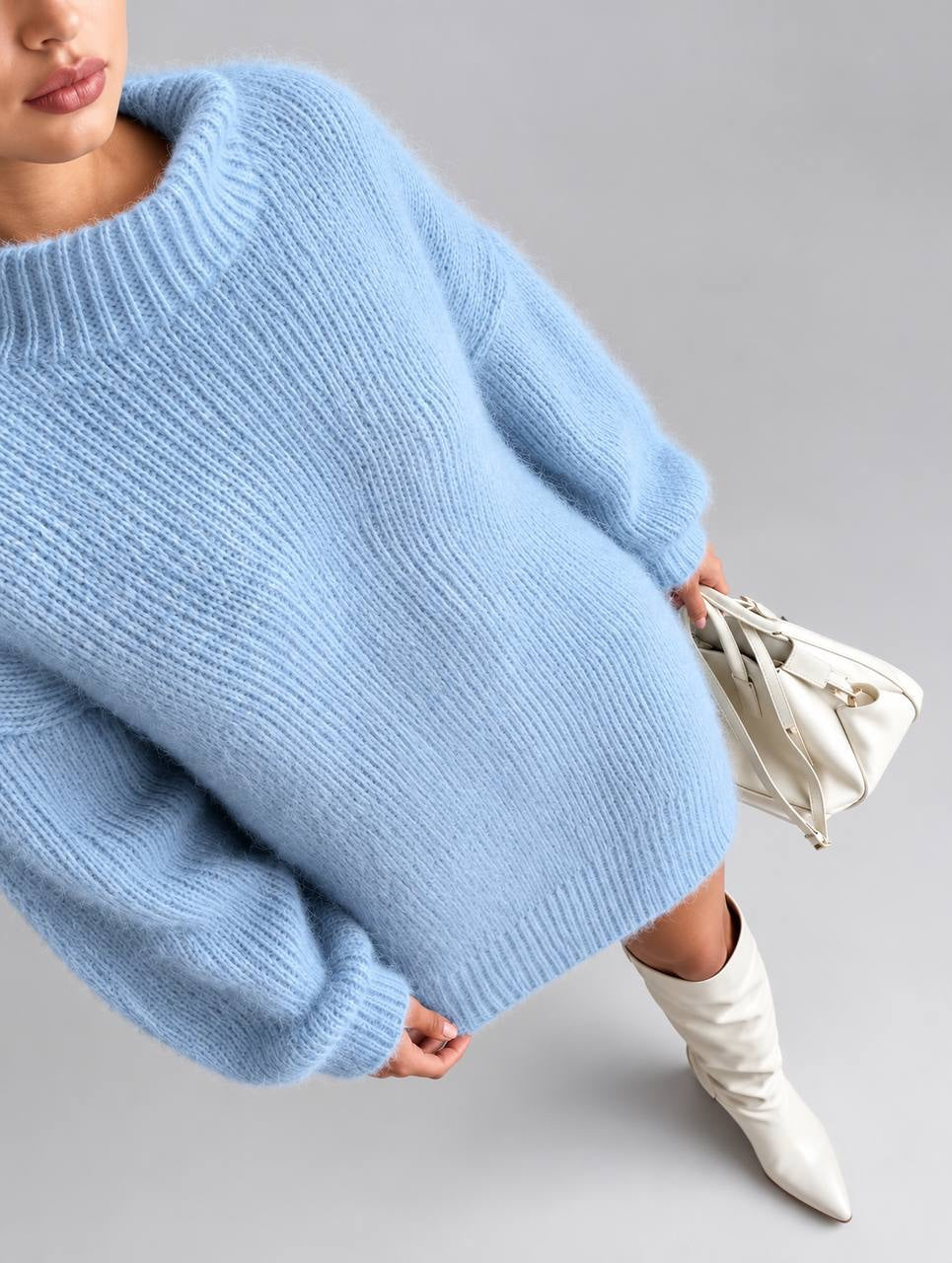 High Neck Sweater Dress With Full Long Sleeves – Light Blue