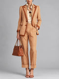 Checked Pants Set With Longline Blazer and Cuffed Hems – Brown Check