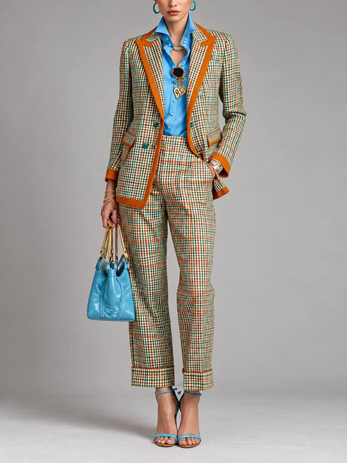 Checked Pants Set With Longline Blazer and Cuffed Hems – Multicolour Check