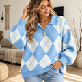 Argyle Collared Sweater With Dropped Shoulders and Ribbed Cuffs – Light Blue Argyle