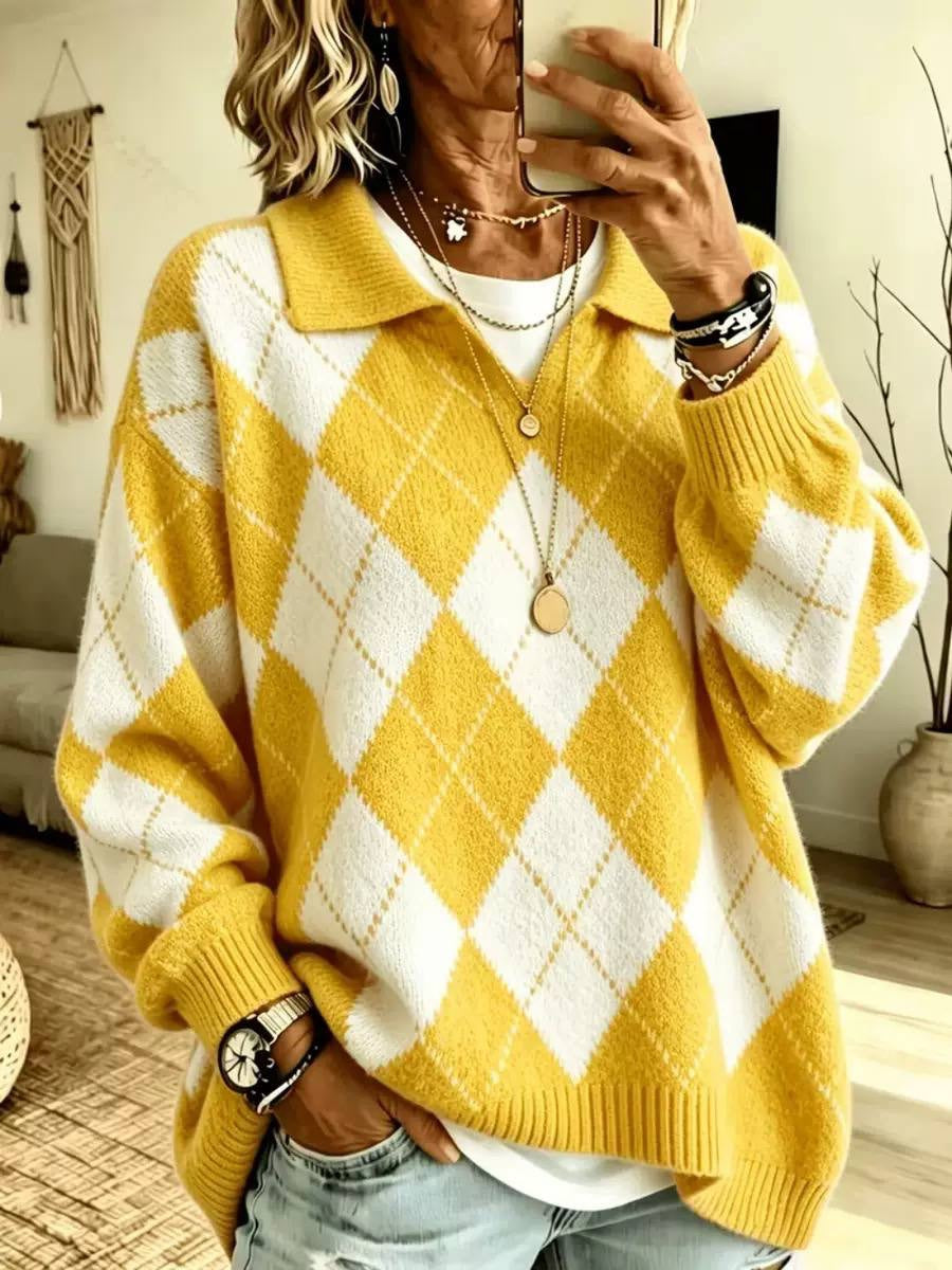 Argyle Collared Sweater With Dropped Shoulders and Ribbed Cuffs – Yellow Argyle