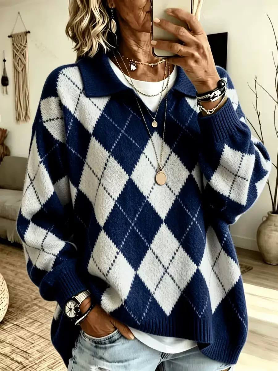 Argyle Collared Sweater With Dropped Shoulders and Ribbed Cuffs – Navy Argyle