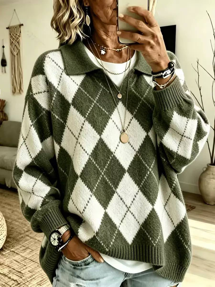 Argyle Collared Sweater With Dropped Shoulders and Ribbed Cuffs – Olive Green Argyle