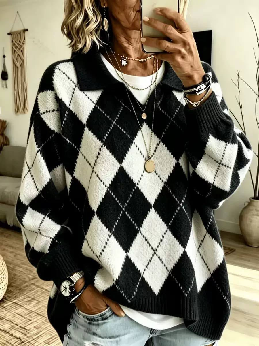 Argyle Collared Sweater With Dropped Shoulders and Ribbed Cuffs – Black Argyle