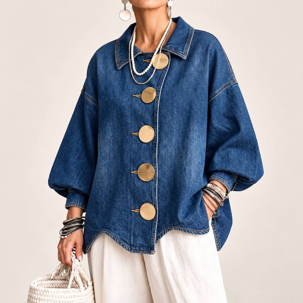 Balloon Sleeve Jacket With Pointed Collar And Topstitching – Dark Blue