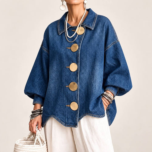 Balloon Sleeve Jacket With Pointed Collar And Topstitching – Dark Blue
