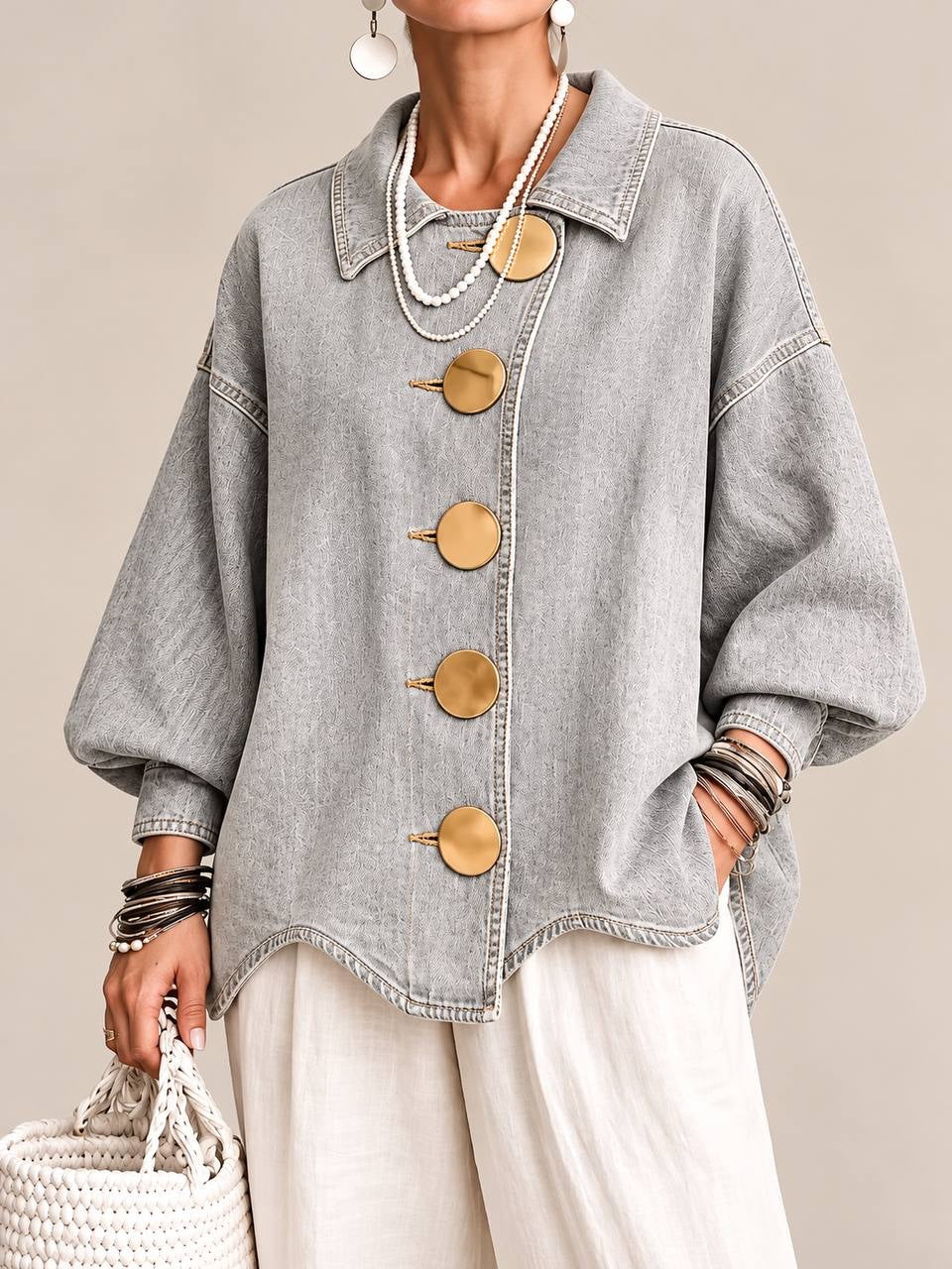 Balloon Sleeve Jacket With Pointed Collar And Topstitching – Grey