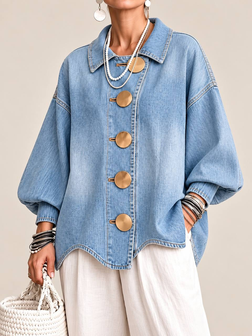 Balloon Sleeve Jacket With Pointed Collar And Topstitching – Light Blue