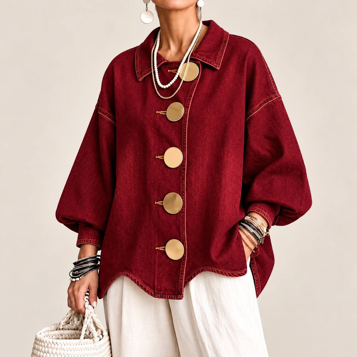 Balloon Sleeve Jacket With Pointed Collar And Topstitching – Burgundy