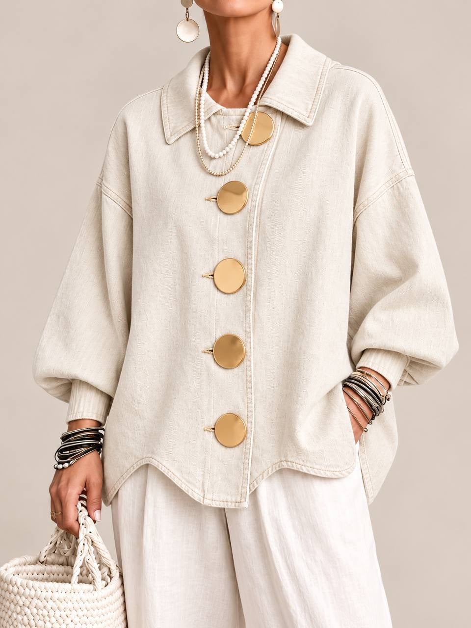 Balloon Sleeve Jacket With Pointed Collar And Topstitching – Cream