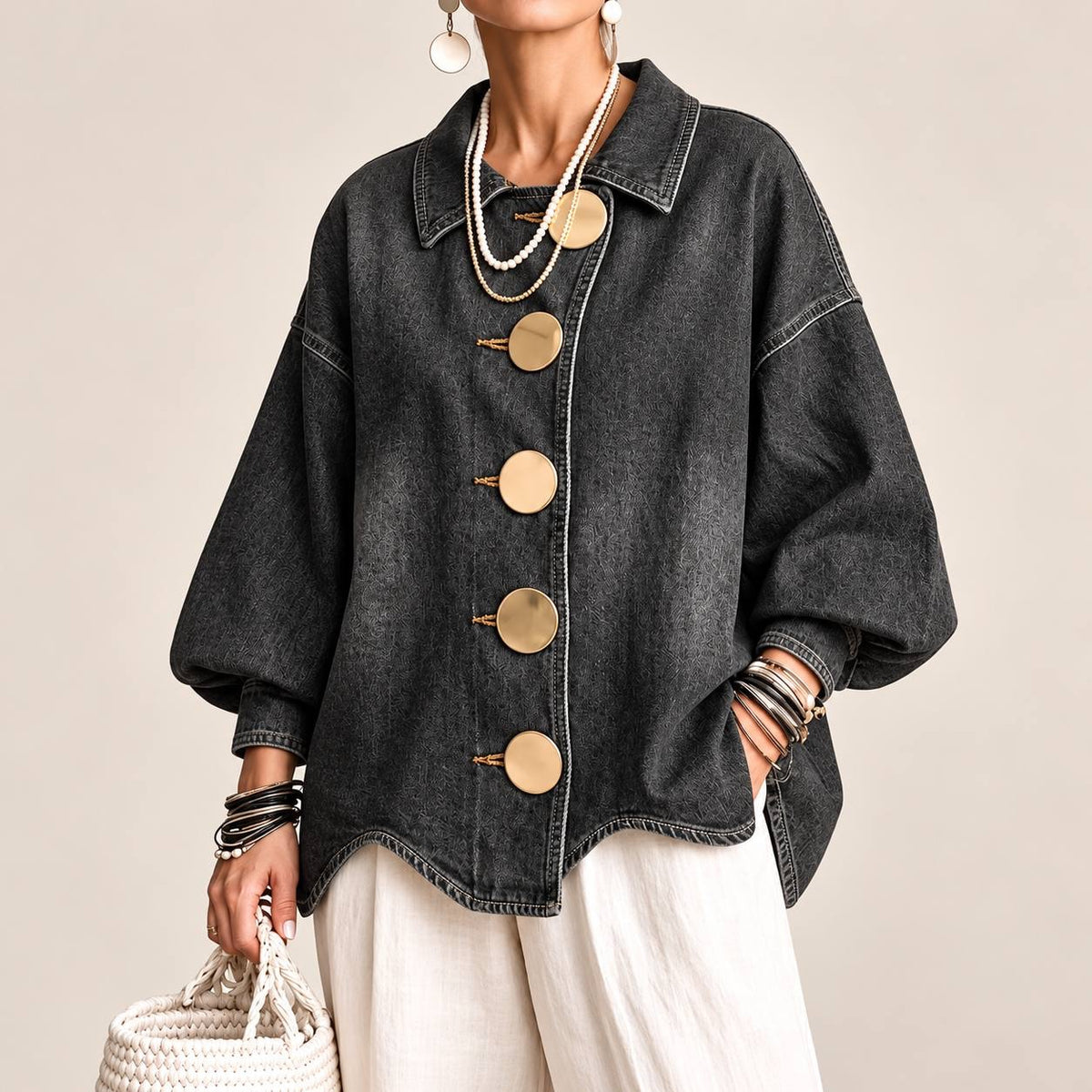Balloon Sleeve Jacket With Pointed Collar And Topstitching – Black