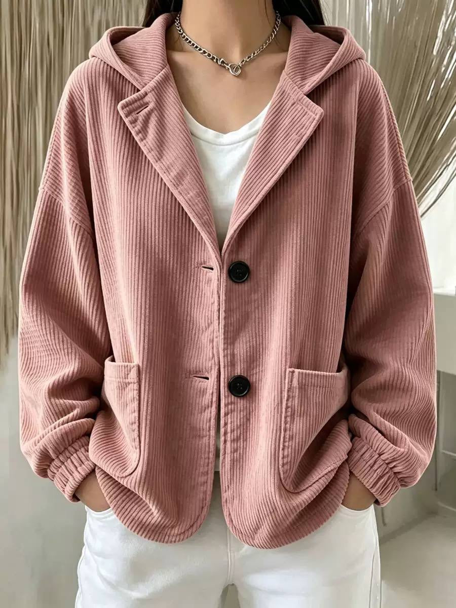 Button-Front Hooded Jacket With Curved Hem And Ribbing – Dusty Pink