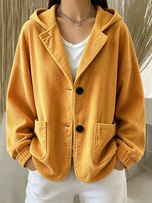 Button-Front Hooded Jacket With Curved Hem And Ribbing – Mustard