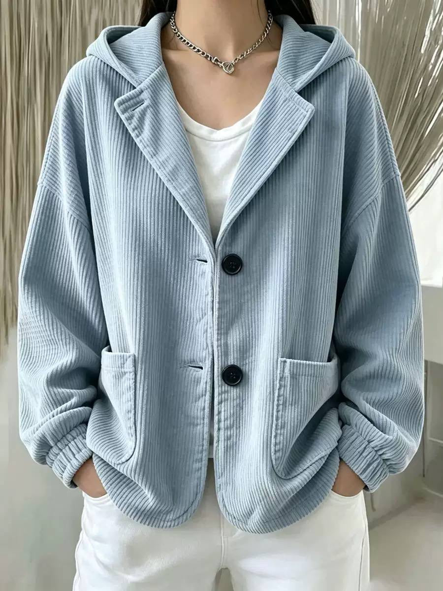 Button-Front Hooded Jacket With Curved Hem And Ribbing – Light Blue