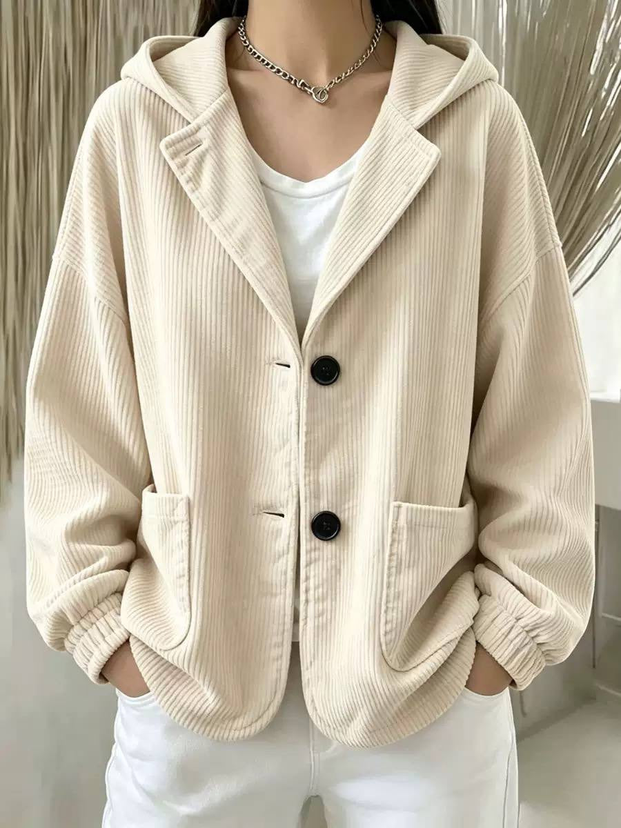 Button-Front Hooded Jacket With Curved Hem And Ribbing – Cream