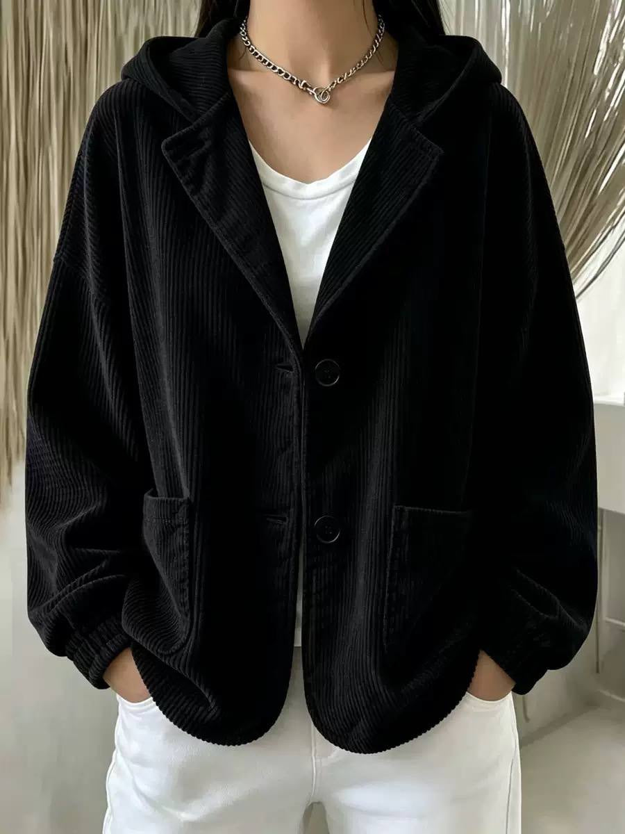 Button-Front Hooded Jacket With Curved Hem And Ribbing – Black