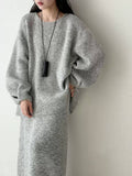 Balloon-Sleeve Sweater And Skirt Set With Back Buttons – Grey