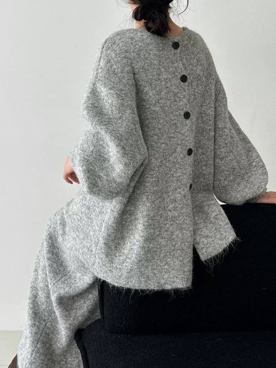 Balloon-Sleeve Sweater And Skirt Set With Back Buttons – Grey