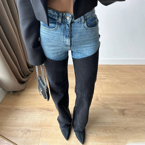Curved-Panel Jeans With High Waist And Belt Loops – Blue & Black