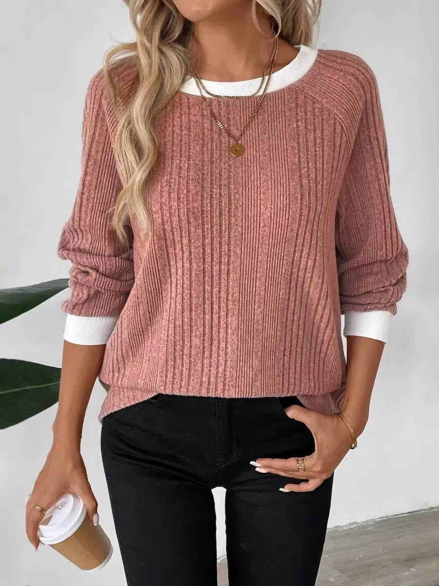 Mixed-Rib Sweater With Contrast Cuffs And Neckline – Dusty Pink