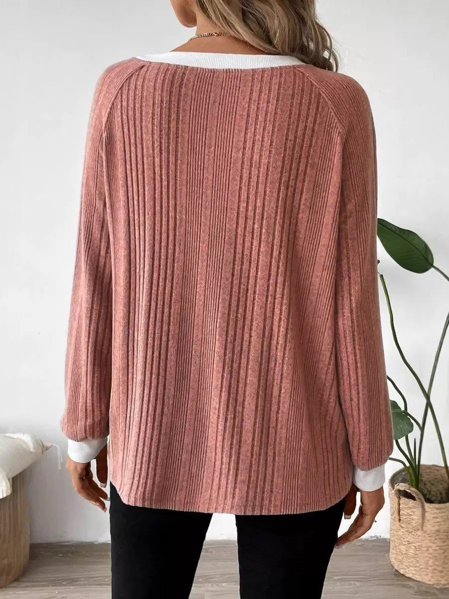 Mixed-Rib Sweater With Contrast Cuffs And Neckline – Dusty Pink