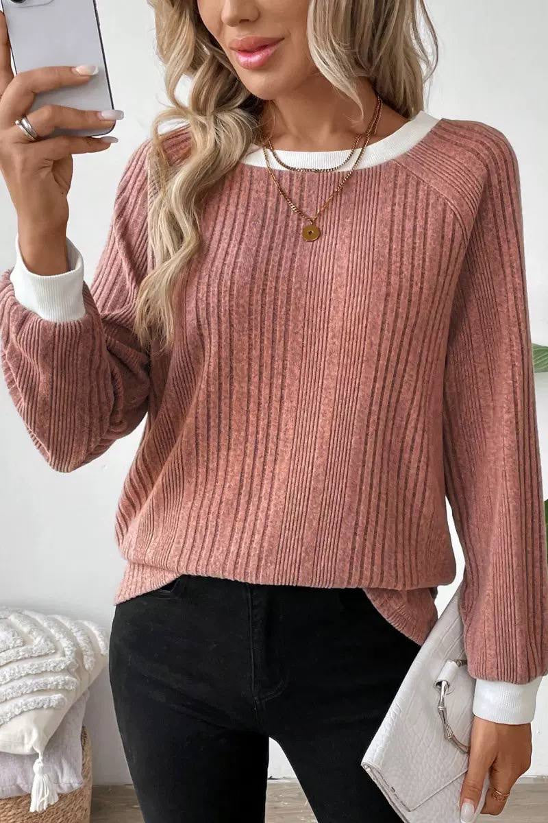 Mixed-Rib Sweater With Contrast Cuffs And Neckline – Dusty Pink